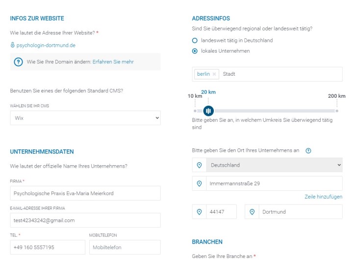 Screenshot zeigt alle relevanten Firmendaten der Psychologischen Praxis Eva-Maria Meierkord.