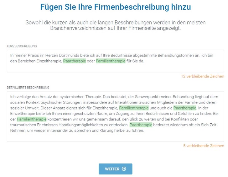 Screenshot zeigt Kurzbeschreibung und detaillierte Beschreibung der Beispiel-Praxis.