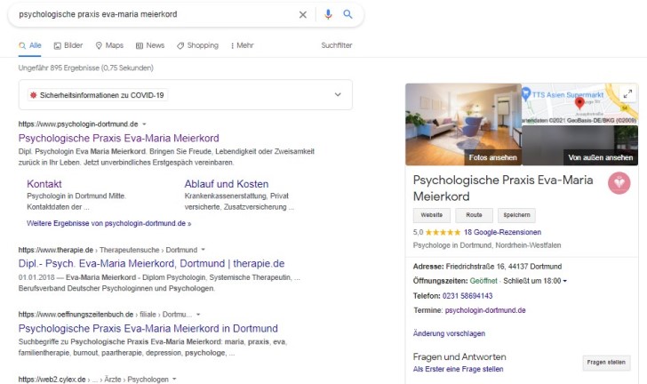 Screenshot zeigt die Google-Übersicht der Psychologischen Praxis Eva-Maria Meierkord.