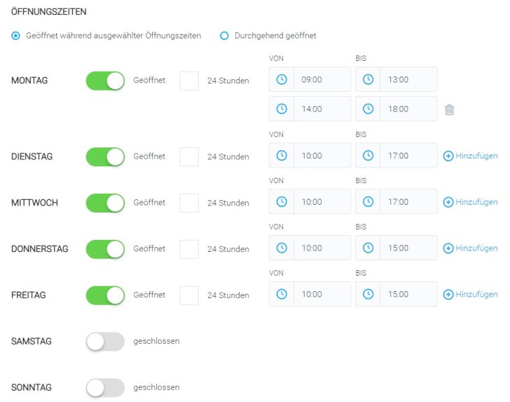 Screenshot zeigt das Menü zur Einstellung der Öffnungszeiten