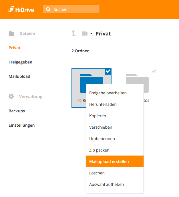 Screenshot zeigt Menü: Mailupload erstellen