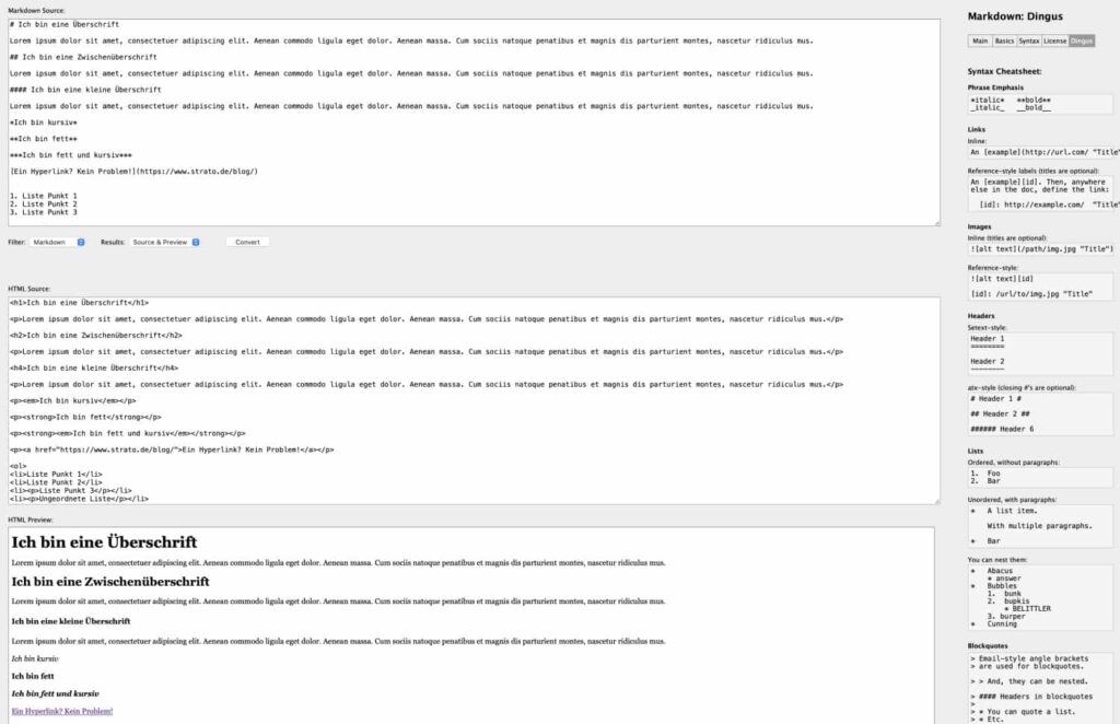 Screenshot zeigt, wie das Online-Tool Dingus Markdown in HTML umwandelt.