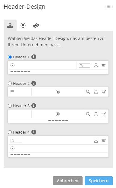 Zu sehen ist ein Screenshot des Header-Designs vom Webshop.  Text:
Wählen Sie das Header-Design, das am besten zu Ihrem Unternehmen passt:
Header 1
Header 2
Header 3
Header 4
jeweils mit kleiner Vorschau. Wie die Header aussehen, wird im weiteren Verlauf des Artikels beschrieben.