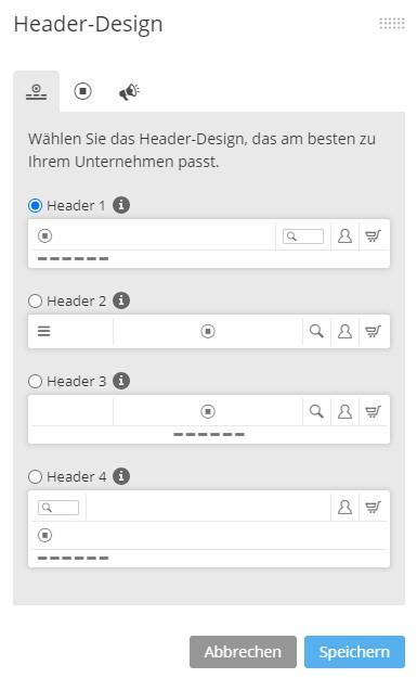 Zu sehen ist ein Screenshot des Header-Designs vom Webshop.

Text:
Wählen Sie das Header-Design, das am besten zu Ihrem Unternehmen passt:
Header 1
Header 2
Header 3
Header 4
jeweils mit kleiner Vorschau. Wie die Header aussehen, wird im weiteren Verlauf des Artikels beschrieben.