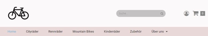 Screenshot von Headervariante 1:
Links oben im Bild ist ein symbolisches Fahrrad dargestellt, rechts oben das Suchfeld, Warenkorb und Mitgliederbereich.
Die Kategorien des Beispielshops lauten: Home, Cityräder, Rennräder, Mountain Bikes, Kinderräder, Zubehör, Über uns.