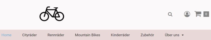 Screenshot von Headervariante 3. Ähnlich zu Variante 1, der Unterschied ist: Das Fahrradsymbol ist mittig, das Suchfeld eingeklappt. Die Kategorien sind die gleichen: Home, Cityräder, Rennräder, Mountain Bikes, Kinderräder, Zubehör, Über uns