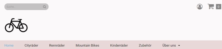 Screenshot von Header Variante 4.
Die Zeilen von oben nach unten:
1. Zeile: Ausgeklapptes Suchfeld links, Warenkorb und Mitgliederbereich rechts.
2. Zeile: Fahrradsymbol links.
3. Zeile: Kategorien Home, Cityräder, Rennräder, Mountain Bikes, Kinderräder, Zubehör, Über uns.