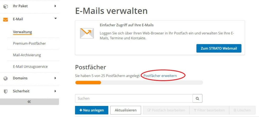 Screenshot zeigt die oben beschriebene Option, seine Postfächer zu erweitern.