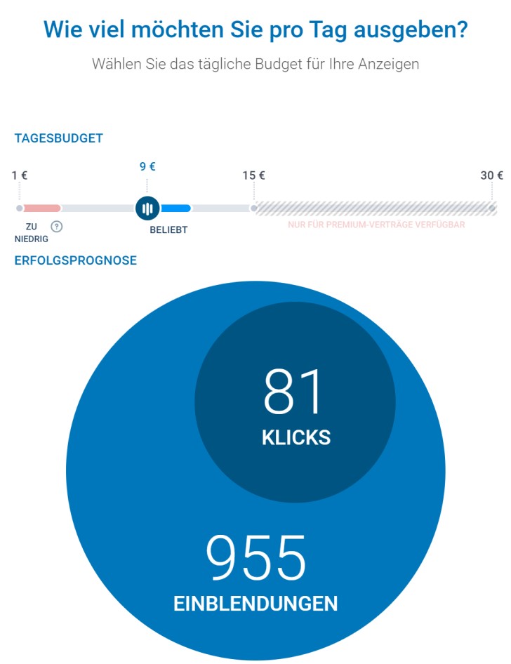 Der Screenshot zeigt eine beispielhafte Budgetplanung (9€-Kampagne) plus möglicher Erfolge: 81 Klicks und 955 Einblendungen.