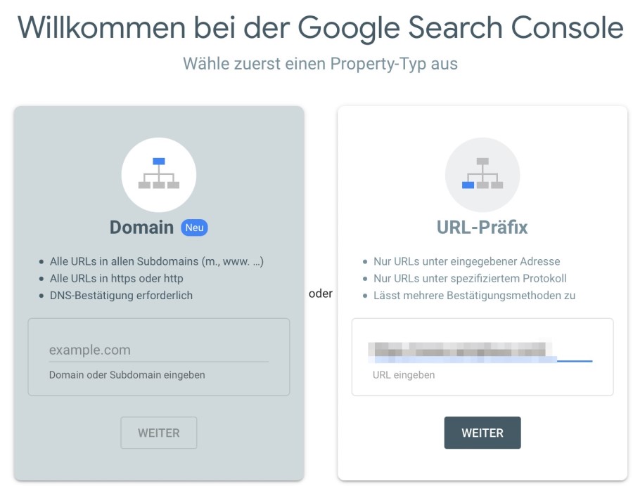 Screenshot zeigt die Willkommensseite der Google Search Console. Zunächst wird ausgewählt, welchen Property-Typ du hast. Entweder Domain, oder URL-Präfix