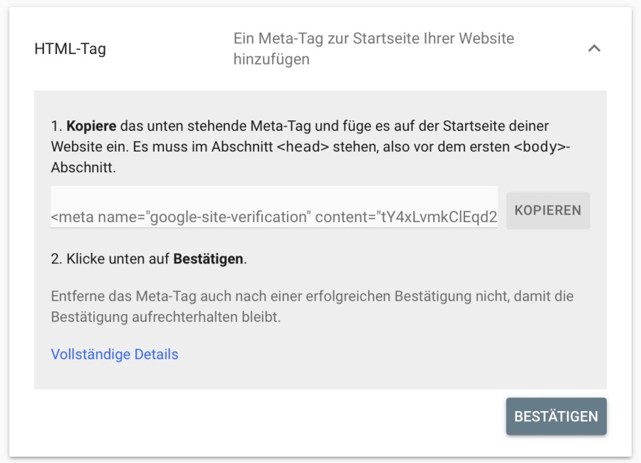 Screenshot zeigt die Option, einen Meta-Tag für die Startseite Deiner Website einzufügen.