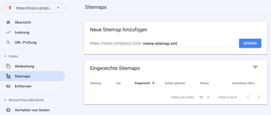 Screenshot zeigt das Einrichten von Sitemaps bei Google.