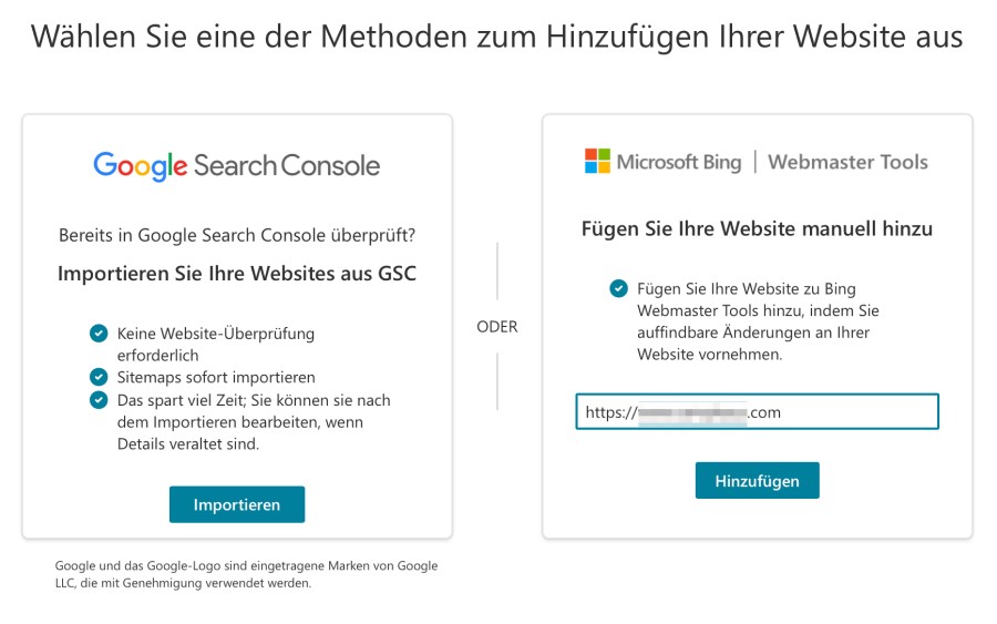 Screenshot zeigt die beiden Alternativen Google Search Console und Microsoft Bing Webmaster Tools.