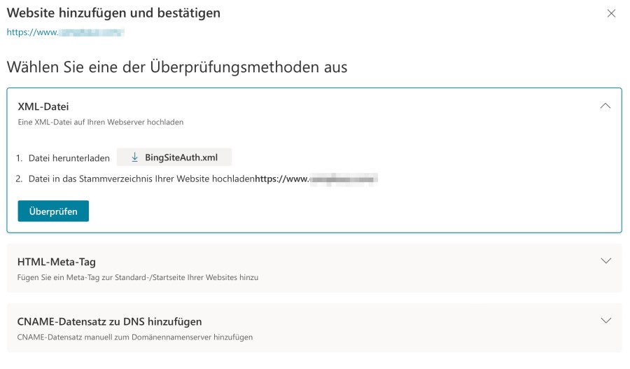 Screenshot zeigt die Überprüfungsmethoden, die bei Bing möglich sind. XML-Datei, HTML-Meta-Tag oder CNAME-Datensatz.