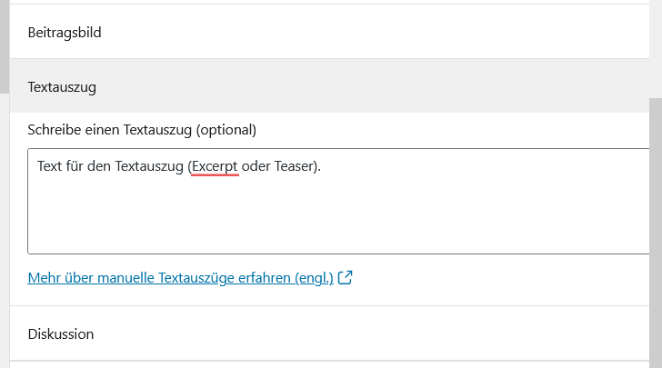 Das Feld, um den Textauszug auszufüllen, befindet sich auf der rechten Seite des Editors.