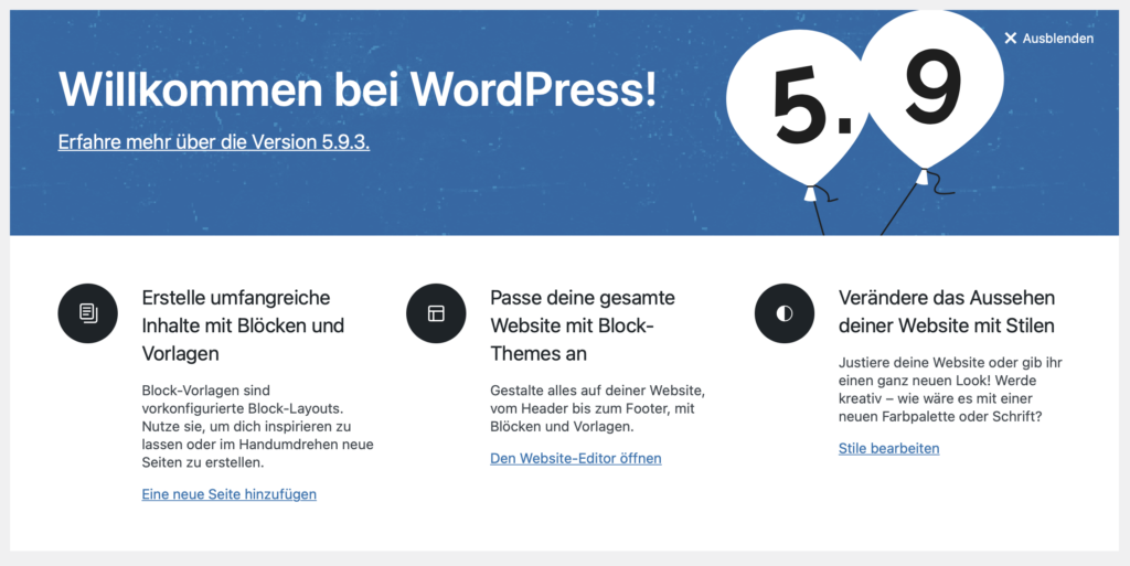 Screenshot: Willkommen bei WordPress 5.9