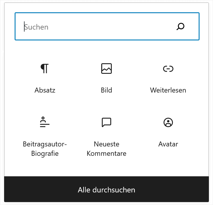 Einige der neuen Blöcke in der Auswahl; Ab WordPress 6.0.