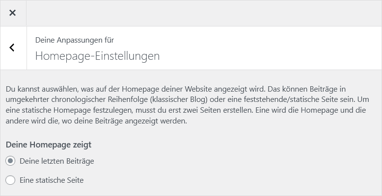 WordPress: Startseite im Customizer bestimmen