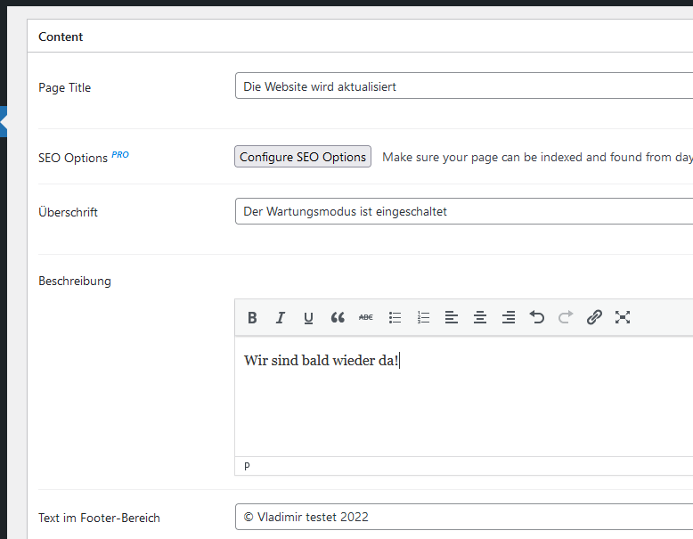 Einstellungen im WordPress-Plugin-Maintenance