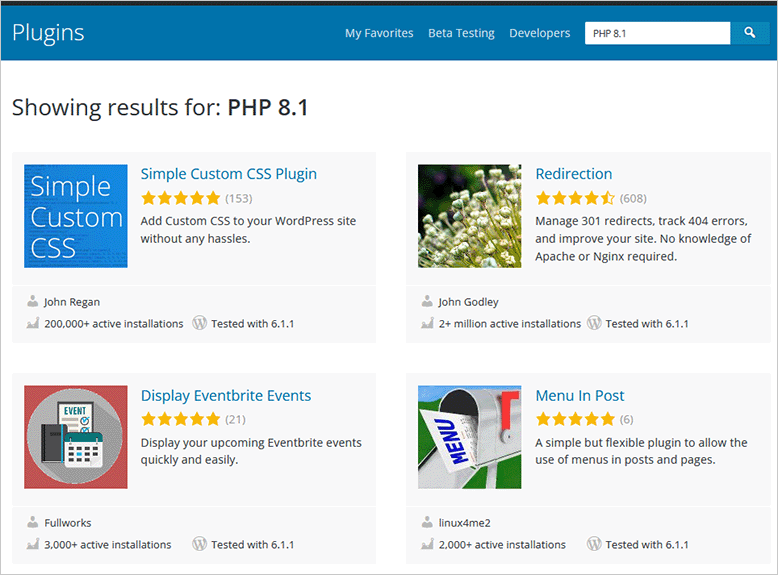 Plugin-Suche auf WordPress.org nach PHP 8.1