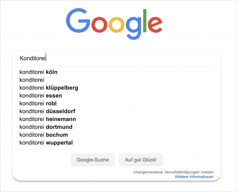 Suche nach dem Begriff "Konditorei" auf Google.