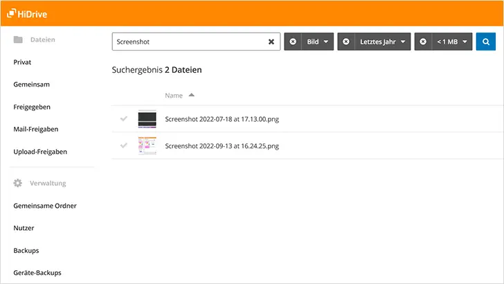 Screenshot: Neue HiDrive-Dateisuche im Browser