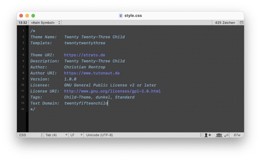 Der Stylesheet enthält zunächst nur Informationen über das Child-Theme an sich.