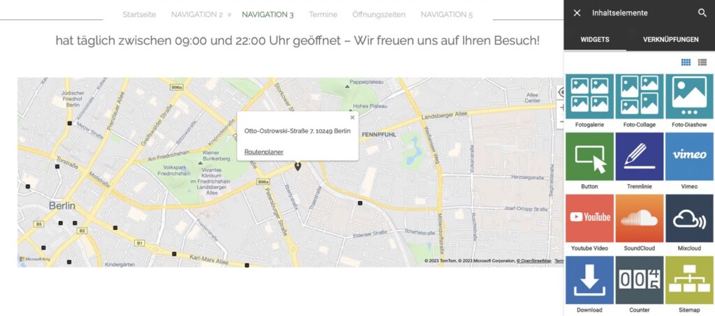 Google Maps Widget im Homepage-Baukasten.