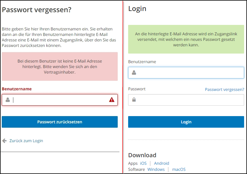 Passwort Rückmeldung Passwort Rückmeldung