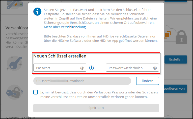 HiDrive Schlüssel Passwort erstellen HiDrive Schlüssel Passwort erstellen