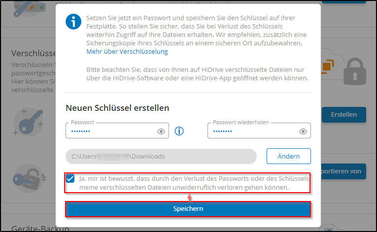 HiDrive Schlüssel speichern HiDrive Schlüssel speichern