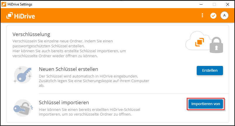 HiDrive Schlüssel importieren HiDrive Schlüssel importieren