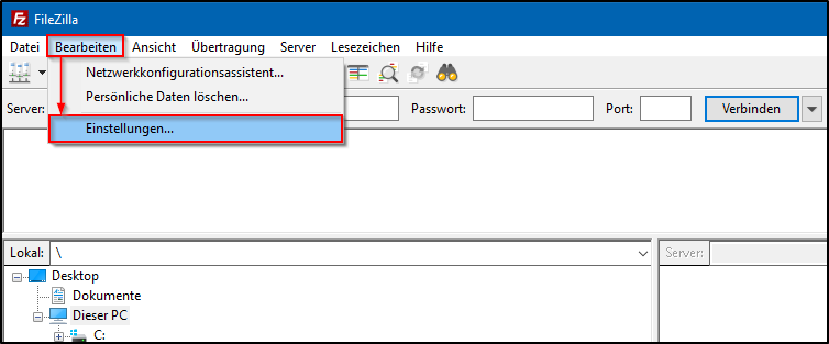Filezilla-Einstellungen Filezilla-Einstellungen