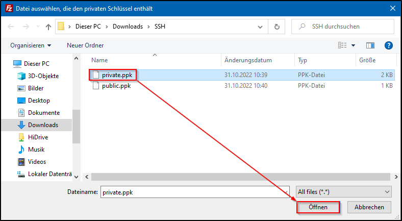 Filezilla Schluessel auswaehlen Filezilla Schluessel auswaehlen