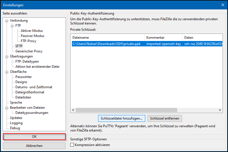 Filezilla Schluessel bestaetigen Filezilla Schluessel bestaetigen