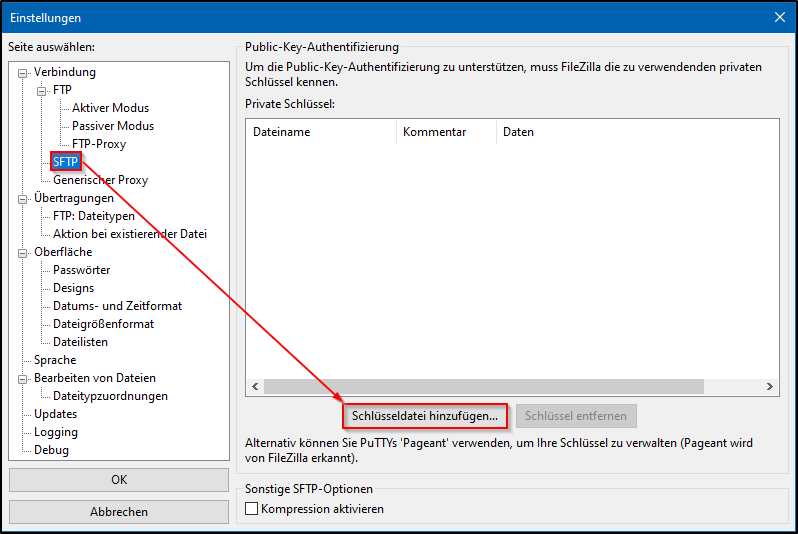 Filezilla Schluessel hinzufuegen Filezilla Schluessel hinzufuegen