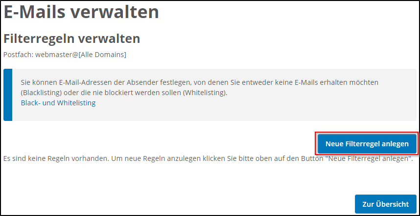 Neue Filterregel anlegen Neue Filterregel anlegen