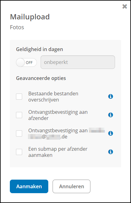 Mailupload opties Mailupload opties
