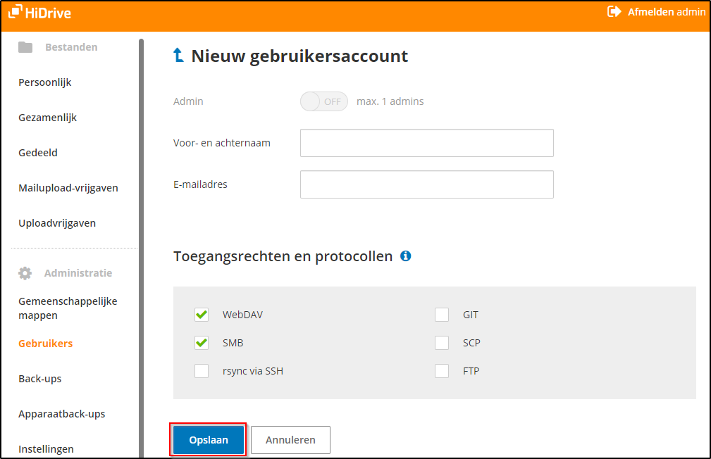 Nieuw gebruikersaccount opslaan Nieuw gebruikersaccount opslaan