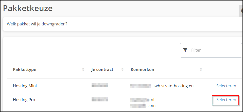 Downgrade-Pakket selecteren Downgrade-Pakket selecteren