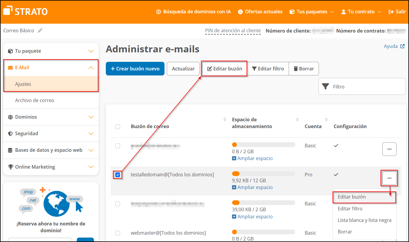 Editar buzón Pro Editar buzón Pro