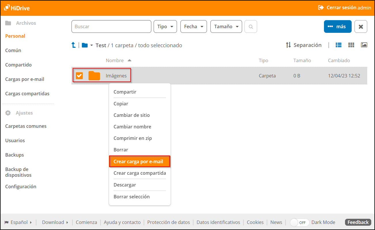 Crear carga por e-mail Crear carga por e-mail