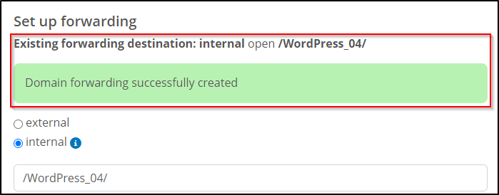 Internal Forwarding created Internal Forwarding created