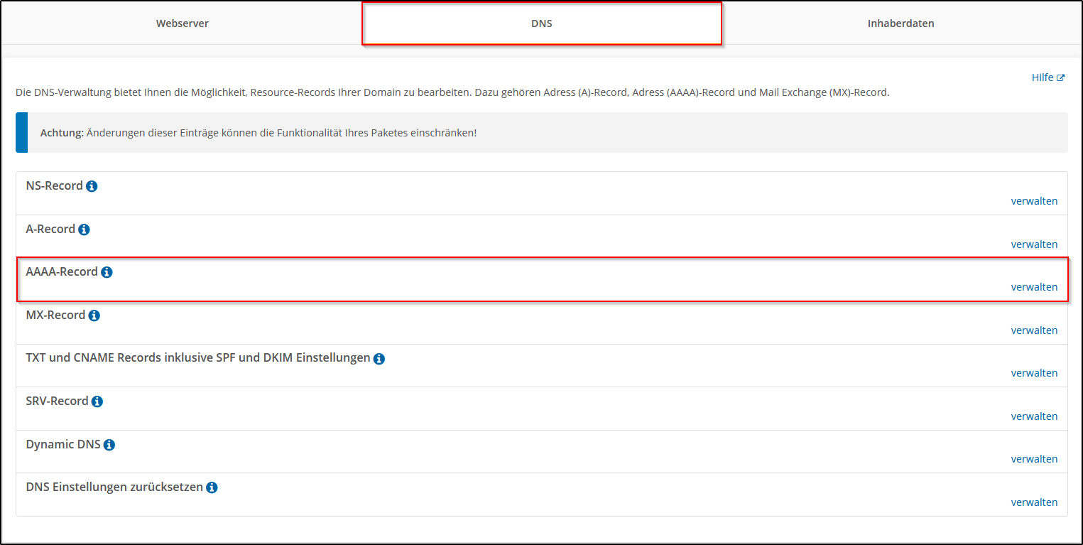 DNS Einstellungen AAAA Record DNS Einstellungen AAAA Record
