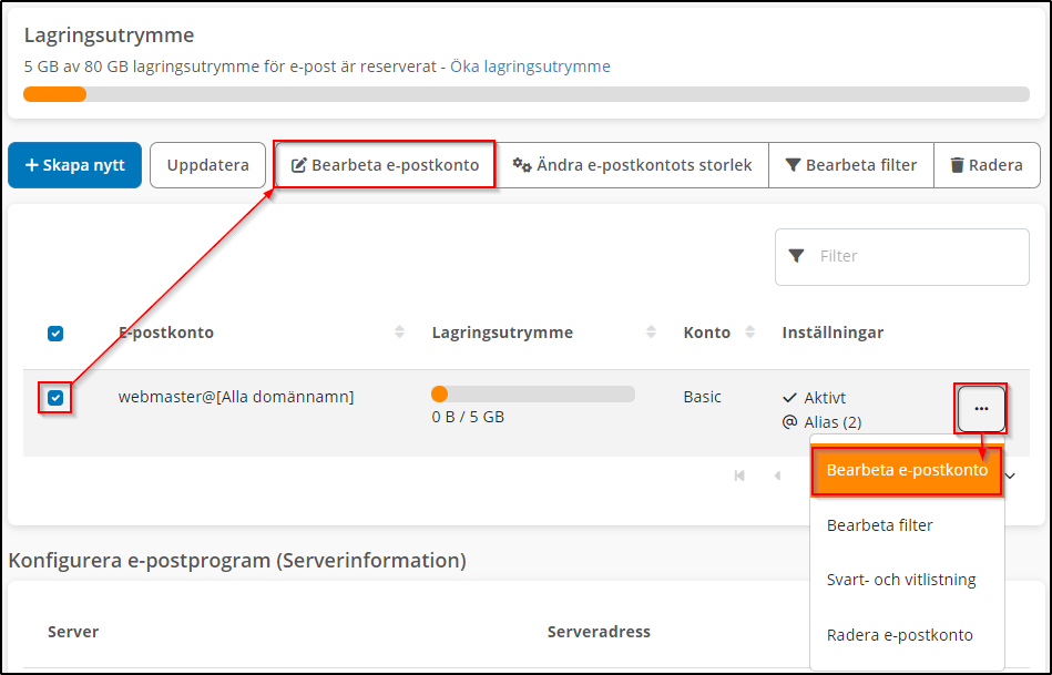 Bearbeta e-postkonto Bearbeta e-postkonto