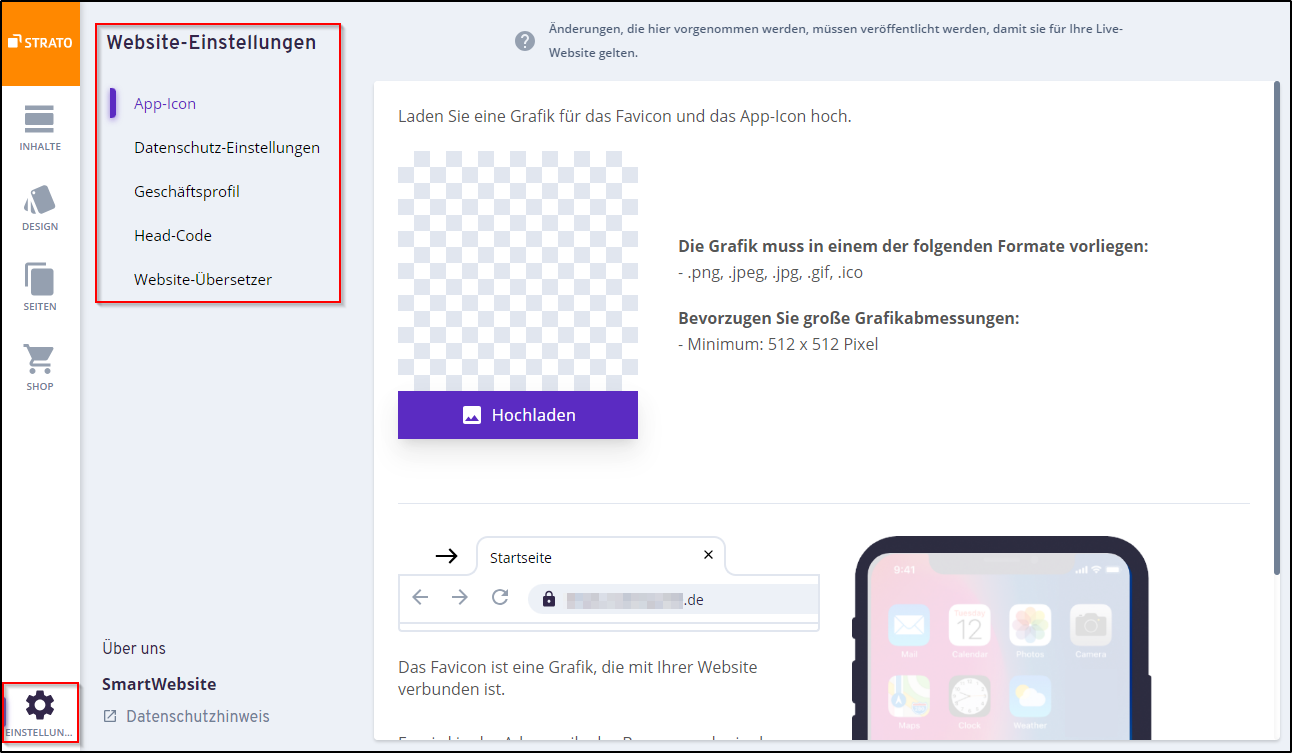 Webseiten-Editor Einstellungen Webseiten-Editor Einstellungen