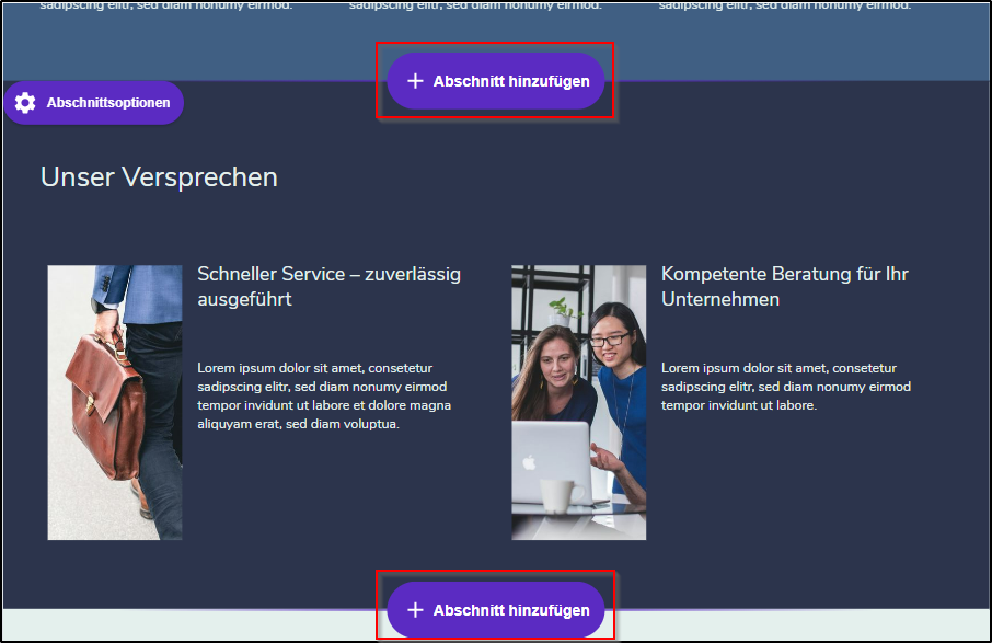Inhalte - Abschnitt hinzufügen Inhalte - Abschnitt hinzufügen