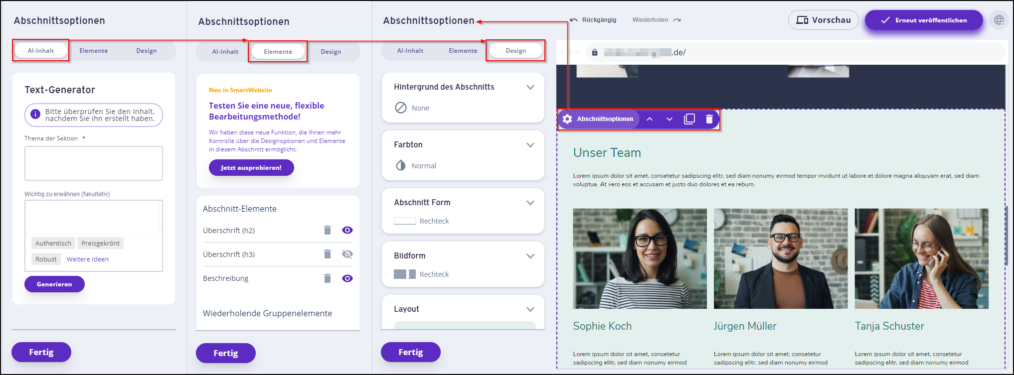 Inhalte - Abschnittsoptionen Inhalte - Abschnittsoptionen