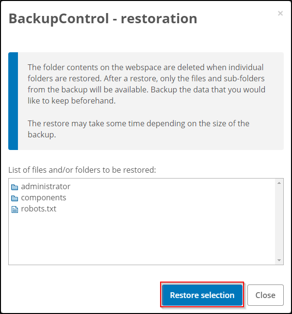 confirm Restore selection confirm Restore selection