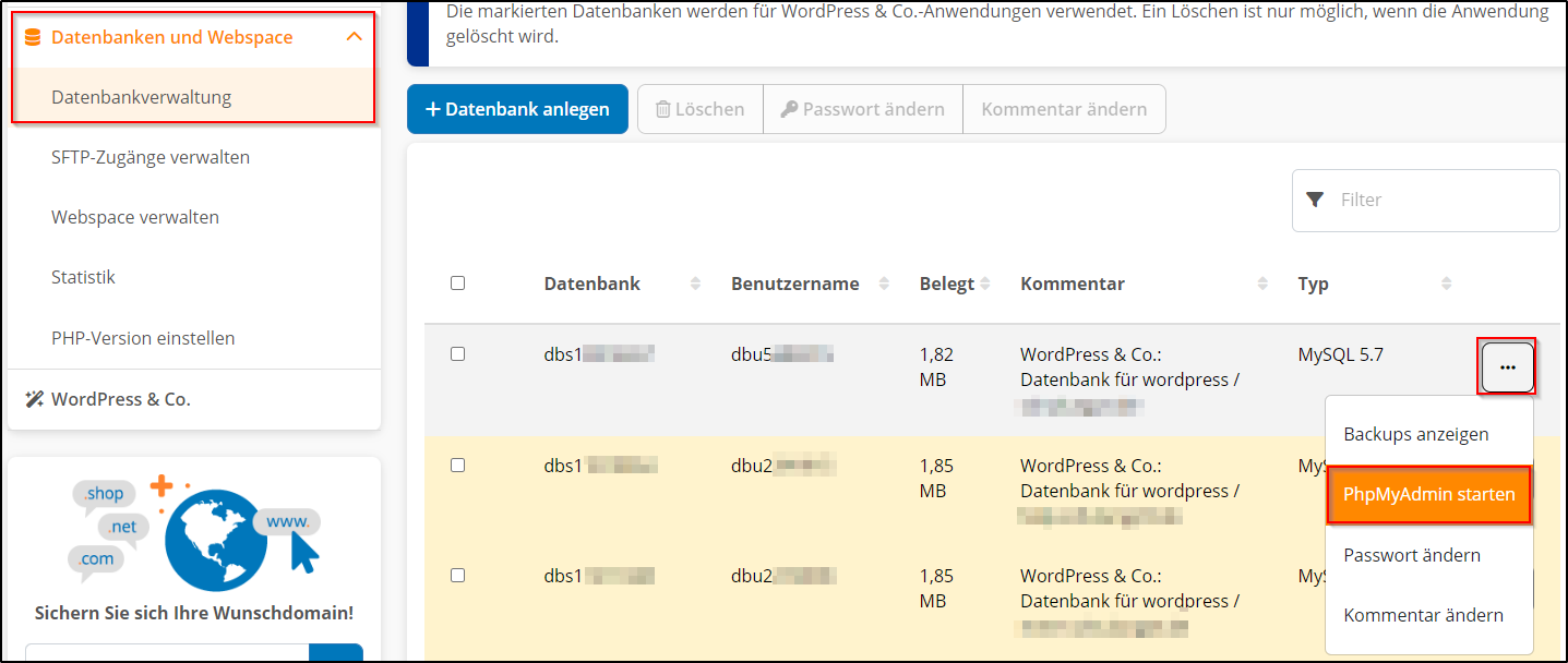 PHPmyadmin starten